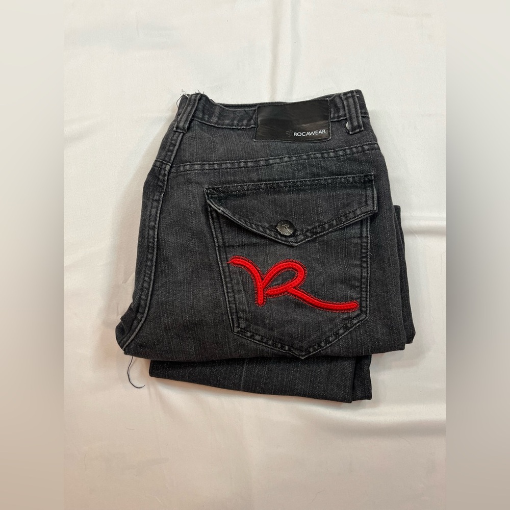 Rocawear‎ Mens Jeans Size 36x30 Black Denim Red Logo Straight Leg Pocket Flap